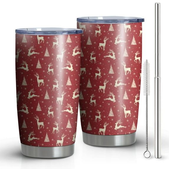 20oz Tumblers Red Christmas Reindeer Pattern Stainless Steel Vacuum Insulated Double Wall Travel Tumbler Cups Mug with Lid and Straw,Cleaning Brush for Cold & Hot Drinks