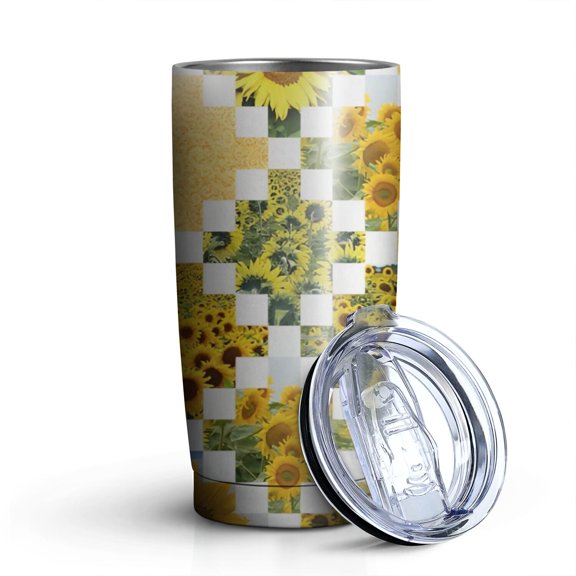 20oz Tumblers Sunflower Checkered Pattern Stainless Steel Vacuum Insulated Double Wall Travel Tumbler Cups Mug with Lid and Straw,Cleaning Brush for Cold & Hot Drinks
