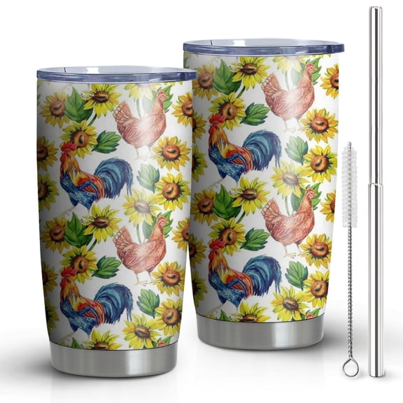 20oz Tumblers Sunflower Chicken Pattern Stainless Steel Vacuum Insulated Double Wall Travel Tumbler Cups Mug with Lid and Straw,Cleaning Brush for Cold & Hot Drinks