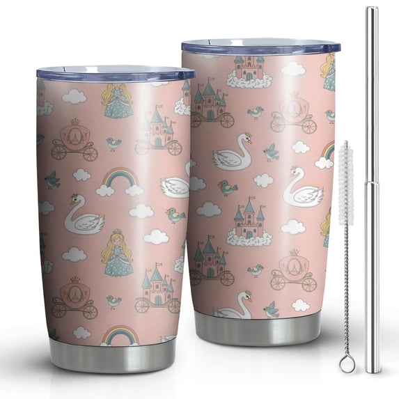 20oz Tumblers Swan Princess Castle Pattern Stainless Steel Vacuum Insulated Double Wall Travel Tumbler Cups Mug with Lid and Straw,Cleaning Brush for Cold & Hot Drinks