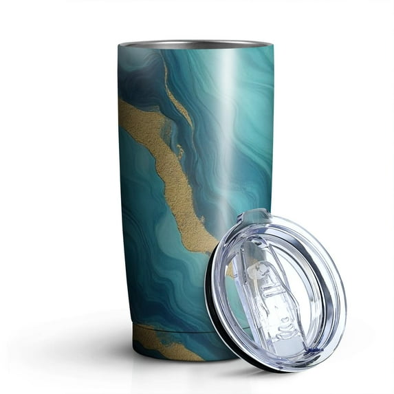 20oz Tumblers Teal Marble Gold Wave Pattern Stainless Steel Vacuum Insulated Double Wall Travel Tumbler Cups Mug with Lid and Straw,Cleaning Brush for Cold & Hot Drinks
