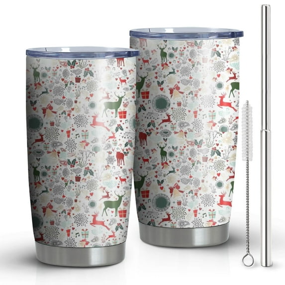 20oz Tumblers White Christmas Deer and Gift Pattern Stainless Steel Vacuum Insulated Double Wall Travel Tumbler Cups Mug with Lid and Straw,Cleaning Brush for Cold & Hot Drinks