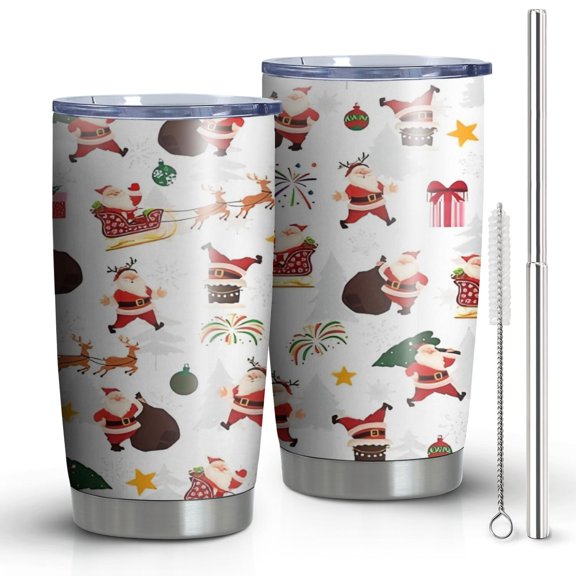 20oz Tumblers White Christmas Santa Pattern Stainless Steel Vacuum Insulated Double Wall Travel Tumbler Cups Mug with Lid and Straw,Cleaning Brush for Cold & Hot Drinks
