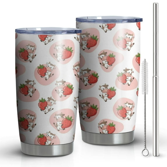 20oz Tumblers White Cow Strawberry Couple Pattern Stainless Steel Vacuum Insulated Double Wall Travel Tumbler Cups Mug with Lid and Straw,Cleaning Brush for Cold & Hot Drinks