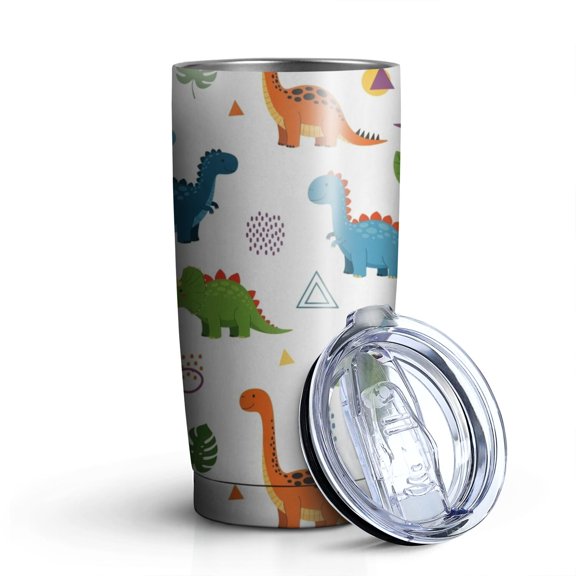 20oz Tumblers White Dinosaurs Geometric Leaves Pattern Stainless Steel Vacuum Insulated Double Wall Travel Tumbler Cups Mug with Lid and Straw,Cleaning Brush for Cold & Hot Drinks
