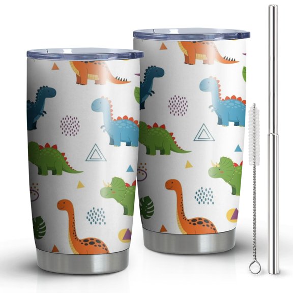 20oz Tumblers White Dinosaurs Geometric Leaves Pattern Stainless Steel Vacuum Insulated Double Wall Travel Tumbler Cups Mug with Lid and Straw,Cleaning Brush for Cold & Hot Drinks