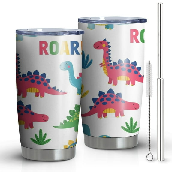 20oz Tumblers White Dinosaurs ROAR Pattern Stainless Steel Vacuum Insulated Double Wall Travel Tumbler Cups Mug with Lid and Straw,Cleaning Brush for Cold & Hot Drinks
