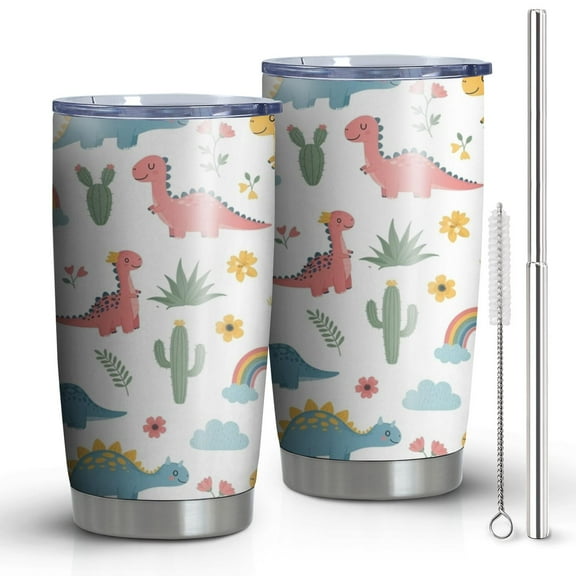 20oz Tumblers White Dinosaurs Rainbows Plants Pattern Stainless Steel Vacuum Insulated Double Wall Travel Tumbler Cups Mug with Lid and Straw,Cleaning Brush for Cold & Hot Drinks