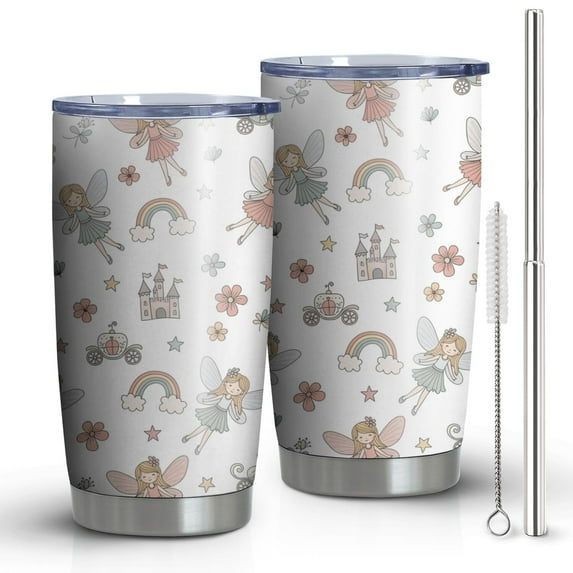 20oz Tumblers White Fairy Castle Pattern Stainless Steel Vacuum Insulated Double Wall Travel Tumbler Cups Mug with Lid and Straw,Cleaning Brush for Cold & Hot Drinks