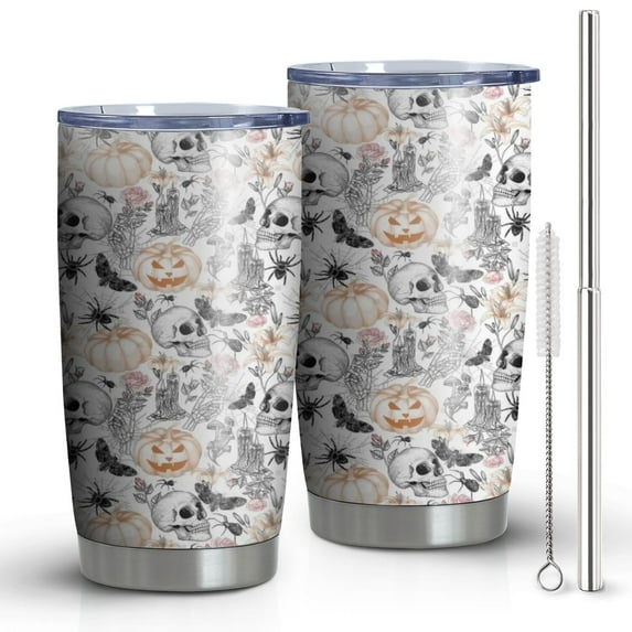 20oz Tumblers White Halloween Skull Pumpkin Pattern Stainless Steel Vacuum Insulated Double Wall Travel Tumbler Cups Mug with Lid and Straw,Cleaning Brush for Cold & Hot Drinks