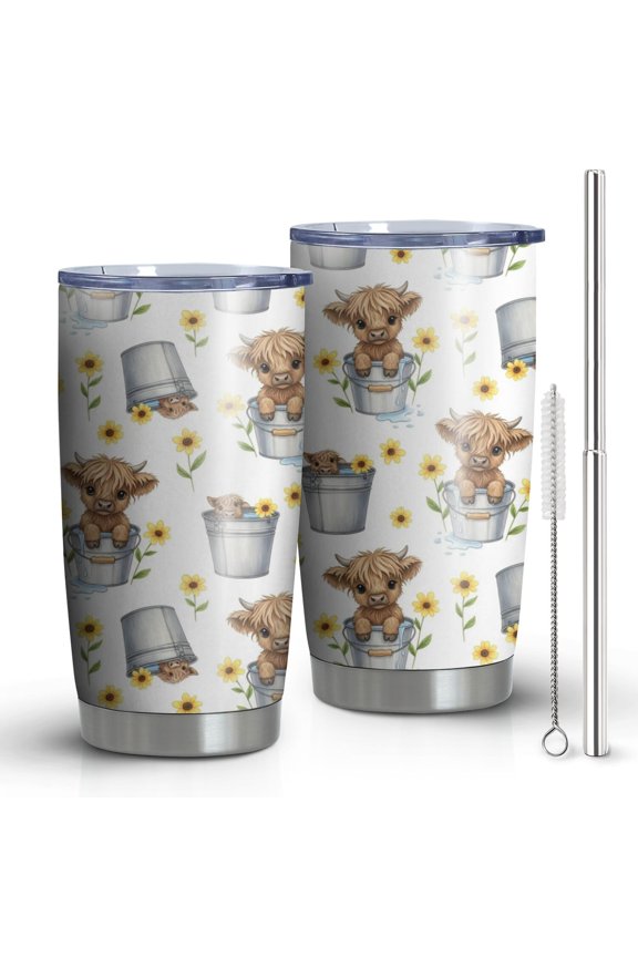 20oz Tumblers White Highland Cow Bucket Sunflower Pattern Stainless Steel Vacuum Insulated Double Wall Travel Tumbler Cups Mug with Lid and Straw,Cleaning Brush for Cold & Hot Drinks
