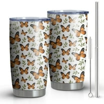 20oz Tumblers White Orange Butterfly Leaf Pattern Stainless Steel Vacuum Insulated Double Wall Travel Tumbler Cups Mug with Lid and Straw,Cleaning Brush for Cold & Hot Drinks