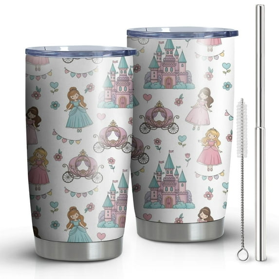 20oz Tumblers White Princess Castle Pattern Stainless Steel Vacuum Insulated Double Wall Travel Tumbler Cups Mug with Lid and Straw,Cleaning Brush for Cold & Hot Drinks