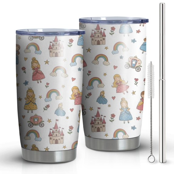 20oz Tumblers White Princess Castle Pattern Stainless Steel Vacuum Insulated Double Wall Travel Tumbler Cups Mug with Lid and Straw,Cleaning Brush for Cold & Hot Drinks