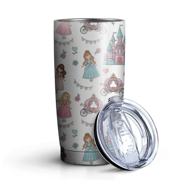 20oz Tumblers White Princess Castle Pattern Stainless Steel Vacuum Insulated Double Wall Travel Tumbler Cups Mug with Lid and Straw,Cleaning Brush for Cold & Hot Drinks