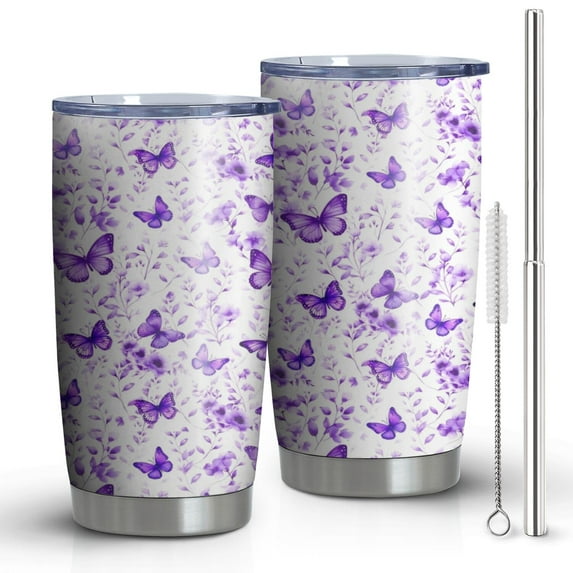 20oz Tumblers White Purple Butterfly Flower Pattern Stainless Steel Vacuum Insulated Double Wall Travel Tumbler Cups Mug with Lid and Straw,Cleaning Brush for Cold & Hot Drinks