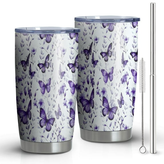 20oz Tumblers White Purple Butterfly Plant Pattern Stainless Steel Vacuum Insulated Double Wall Travel Tumbler Cups Mug with Lid and Straw,Cleaning Brush for Cold & Hot Drinks