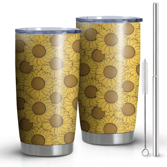 20oz Tumblers Yellow Brown Sunflower Pattern Stainless Steel Vacuum Insulated Double Wall Travel Tumbler Cups Mug with Lid and Straw,Cleaning Brush for Cold & Hot Drinks
