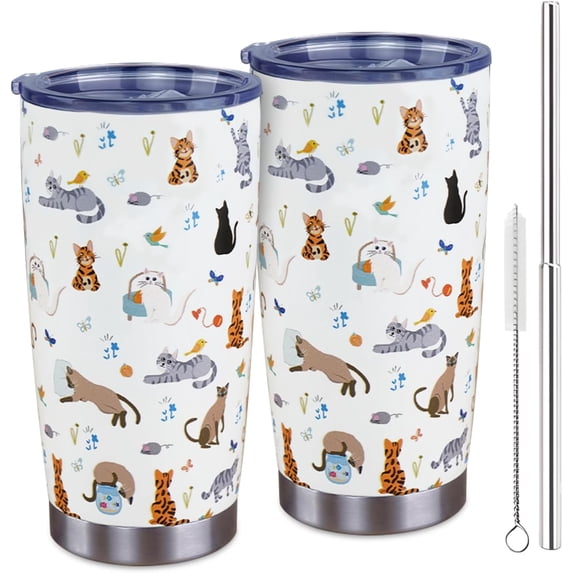 20oz Vacuum Insulated Cat Tumbler with Lid and Straw,Reusable Stainless Steel Cute Cats Coffee Mug, Cat Gifts for Women,Man,Friends
