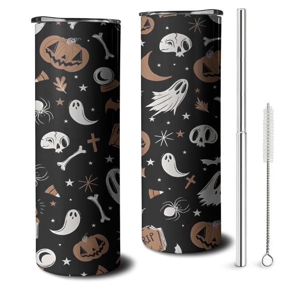 20oz Vintage Halloween Pattern Skinny Tumblers Stainless Steel Tumbler with Lid and Straw,Vacuum Insulated Double Wall Travel Tumbler Cups with Cleaning Brush for Coffee,Tea