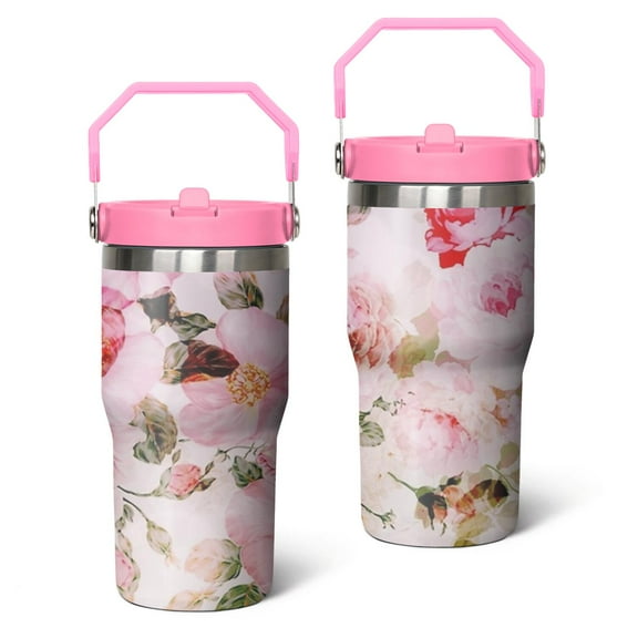 20oz Vintage Pink Pastel Watercolor Floral Pattern Stainless Steel Tumbler with Top Handle,Pioneer Travel Coffee Mug Flip Straw Cup,Gifts for Women Girls Men Adults（pink）