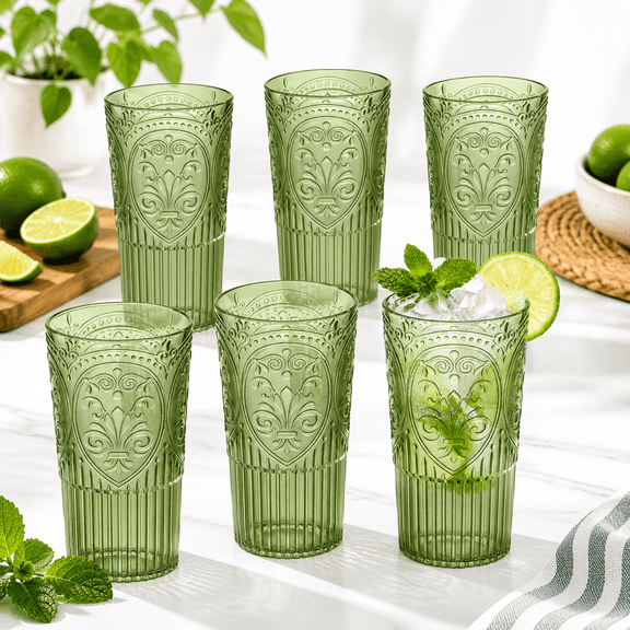 20oz Vintplastic Drinking Glasses Set Of 6 Dark Green Large Capacity Water Embossed Ribbed Tumbler Cups Retro Drinkware For Beer