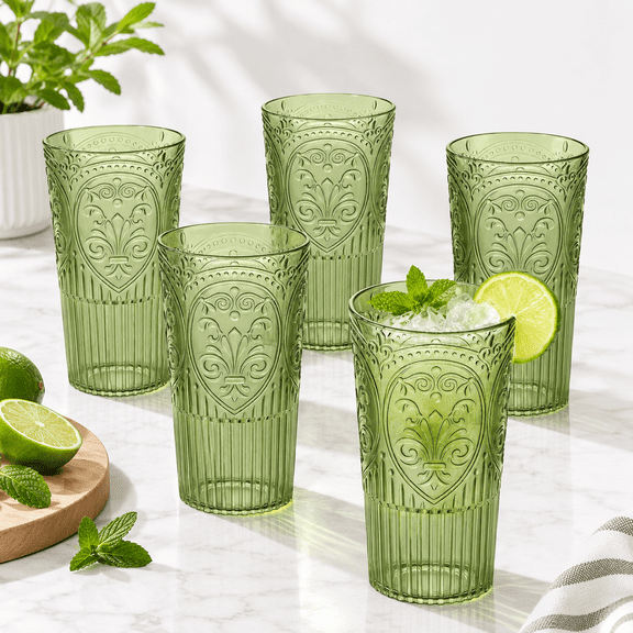 20oz Vintplastic Drinking Glasses Set Of 6 Dark Green Large Capacity Water Embossed Ribbed Tumbler Cups Retro Drinkware For Beer
