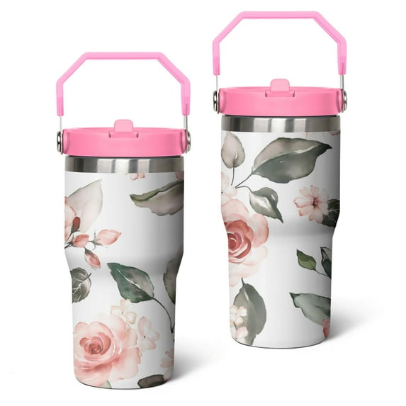 20oz Watercolor Floral Farmhouse Wildflower Botanical Stainless Steel Tumbler with Top Handle,Pioneer Travel Coffee Mug Flip Straw Cup,Gifts for Women Girls Men Adults（pink）