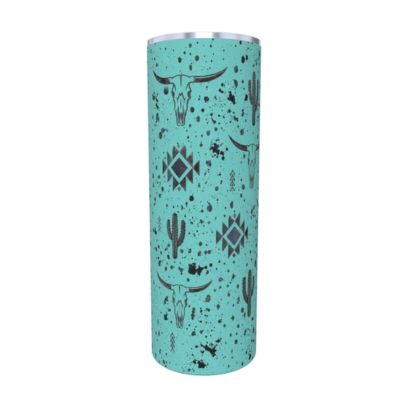 20oz Western Boho Tumbler with Handle and Straw Turquoise Cow Skull Cactus Stainless Steel Insulated Travel Coffee Cup Gift with Straw