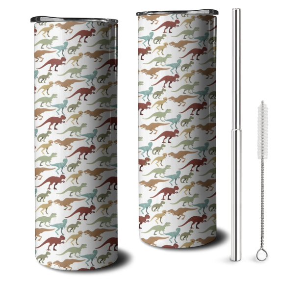 20oz White Cartoon Colorful Dinosaurs Pattern Skinny Tumblers Stainless Steel Tumbler with Lid and Straw,Vacuum Insulated Double Wall Travel Tumbler Cups with Cleaning Brush for Coffee,Tea