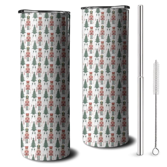 20oz White Christmas Nutcracker Pattern Skinny Tumblers Stainless Steel Tumbler with Lid and Straw,Vacuum Insulated Double Wall Travel Tumbler Cups with Cleaning Brush for Coffee,Tea