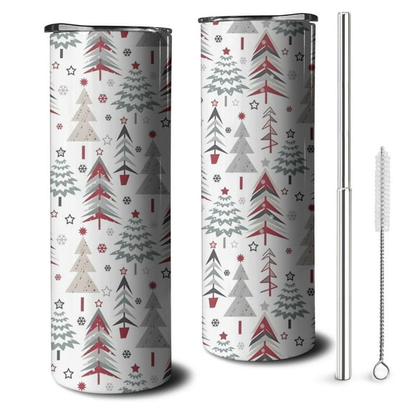 20oz White Christmas Tree Pattern Skinny Tumblers Stainless Steel Tumbler with Lid and Straw,Vacuum Insulated Double Wall Travel Tumbler Cups with Cleaning Brush for Coffee,Tea