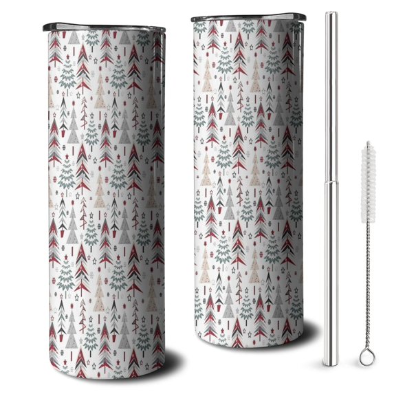 20oz White Christmas Tree Pattern Skinny Tumblers Stainless Steel Tumbler with Lid and Straw,Vacuum Insulated Double Wall Travel Tumbler Cups with Cleaning Brush for Coffee,Tea