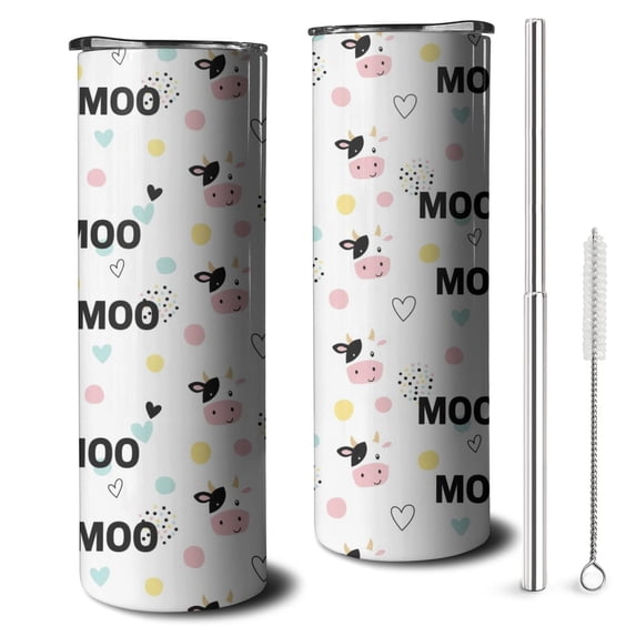 20oz White Cow Moo Pattern Skinny Tumblers Stainless Steel Tumbler with Lid and Straw,Vacuum Insulated Double Wall Travel Tumbler Cups with Cleaning Brush for Coffee,Tea