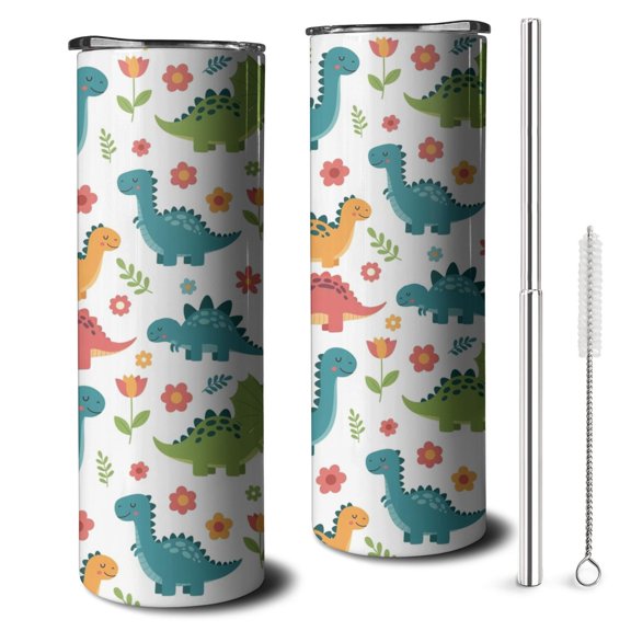 20oz White Dinosaurs Flowers Plants Pattern Skinny Tumblers Stainless Steel Tumbler with Lid and Straw,Vacuum Insulated Double Wall Travel Tumbler Cups with Cleaning Brush for Coffee,Tea