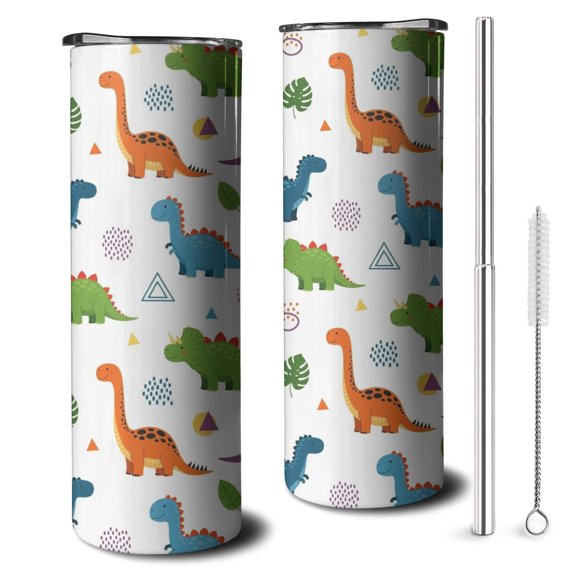 20oz White Dinosaurs Geometric Leaves Pattern Skinny Tumblers Stainless Steel Tumbler with Lid and Straw,Vacuum Insulated Double Wall Travel Tumbler Cups with Cleaning Brush for Coffee,Tea