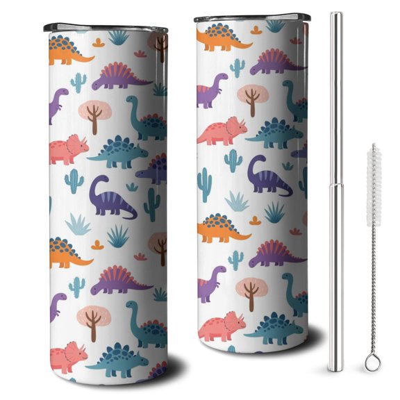 20oz White Dinosaurs Trees Cacti Pattern Skinny Tumblers Stainless Steel Tumbler with Lid and Straw,Vacuum Insulated Double Wall Travel Tumbler Cups with Cleaning Brush for Coffee,Tea