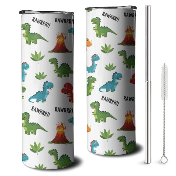 20oz White Dinosaurs Volcanoes Leaves Pattern Skinny Tumblers Stainless Steel Tumbler with Lid and Straw,Vacuum Insulated Double Wall Travel Tumbler Cups with Cleaning Brush for Coffee,Tea