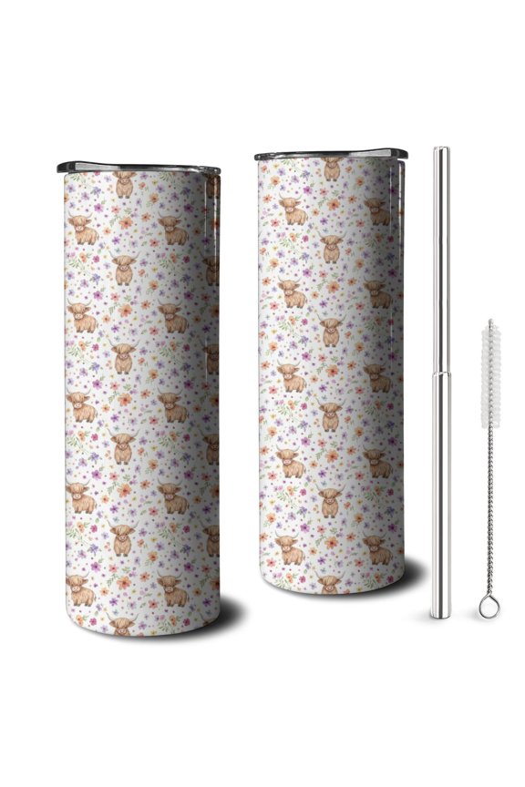 20oz White Highland Cow Flower Pattern Skinny Tumblers Stainless Steel Tumbler with Lid and Straw,Vacuum Insulated Double Wall Travel Tumbler Cups with Cleaning Brush for Coffee,Tea