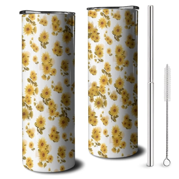 20oz White Yellow Flower Sunflower Pattern Skinny Tumblers Stainless Steel Tumbler with Lid and Straw,Vacuum Insulated Double Wall Travel Tumbler Cups with Cleaning Brush for Coffee,Tea