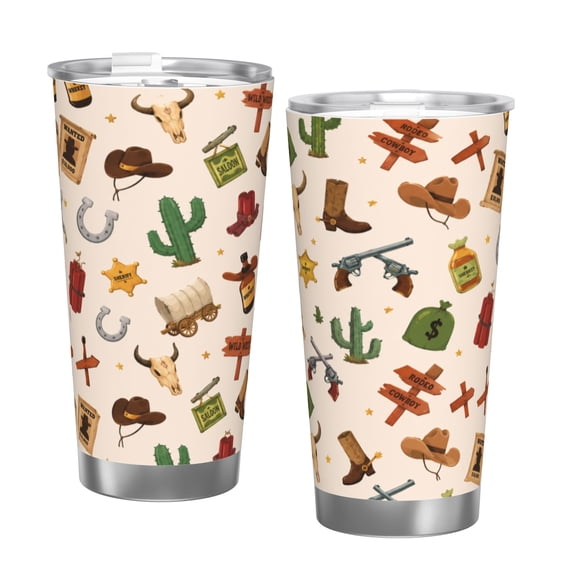 20oz Wild West Cowboy Tumbler with Handle and Straw Stainless Steel Insulated Travel Coffee Cup Western Gift with Single Silver Rim
