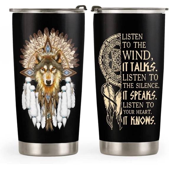 20oz Wolf Gifts for Men, Women, Wolf Gifts for Wolf Lovers, Valentines Day Gifts for Him, Her, Coffee Thermos Native American Dreamcatcher Wolf Tumbler Cup Insulated Travel Coffee Mug with Lid