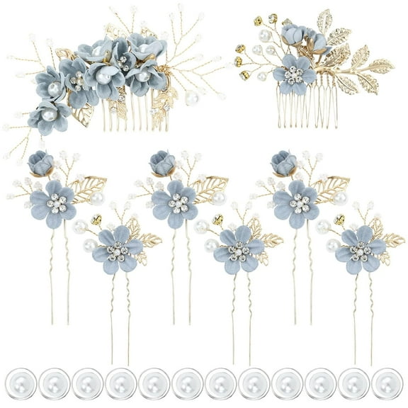 20pack Classy Dusty Blue Flower Bridal Wedding Hair Side Combs+Floral Hair Pins+Twist Spiral Pearl Hair Pins Clips Pieces Formal Prom Headpieces Accessories for Brides Bridesmaids Women Girls