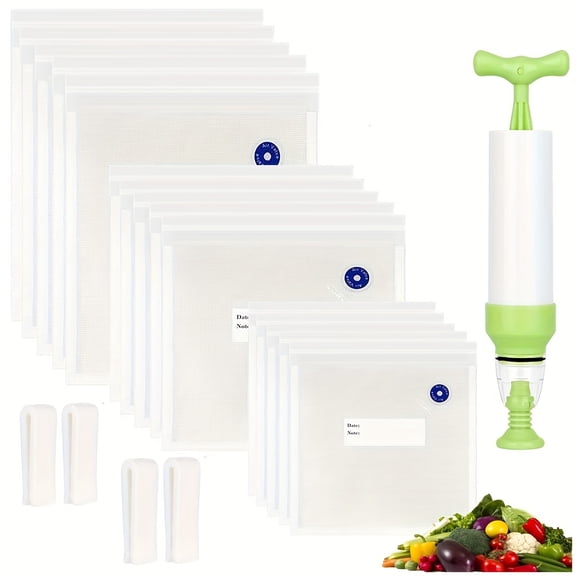 20packs, (15pcs Vacuum Sealer Bags And 4pcs Sealing Clips+1 Hand Pump ), Sealed Food-grade Household Packaging Bags, Vacuum Food Storage Bags With 3 Size Vacuum Food Bags
