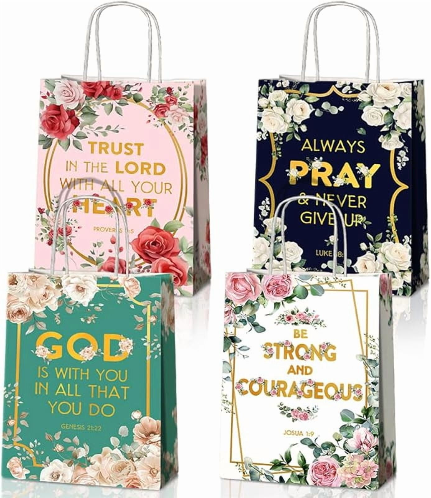 20packs Religious Party Favors Bags with Handles, Inspirational Flower Christian Goodie Gift Kraft Paper Bags with 4 Different Types for Women Girls Birthday Wedding Baptism Easter Day Spring Party
