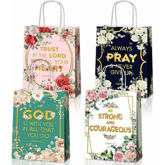 20packs Religious Party Favors Bags with Handles, Inspirational Flower Christian Goodie Gift Kraft Paper Bags with 4 Different Types for Women Girls Birthday Wedding Baptism Easter Day Spring Party