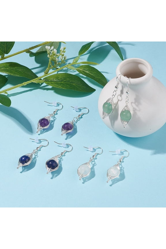 20pairs Round Stone Dangle Earrings Wire Wrap Brass Jewelry for Women Stainless Steel color 46mm Pin: 0.6mm