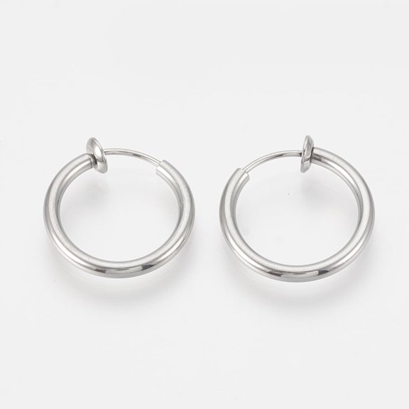 20pairs Resistant 201 Stainless Steel Retractable Clip-on Hoop Earrings For Ears with 304 Stainless Steel Pins and Spring Findings Stainless Steel color 15.5x2mm