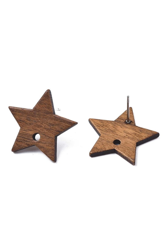 20pairs Walnut Wood Stud Earring Findings with Hole and 304 Stainless Steel Pin Star Saddle Brown 20x21.5mm Hole: 2mm Pin: 0.7mm