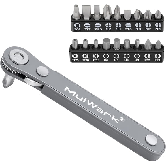 20pc 1/4 Ultra Low Profile Mini Ratchet Wrench Close Quarters Screwdriver Set with High Torque - Right Angle EDC Tool with 90 Degree Mini Offset Reversible Drive Handle & Multi Hex Bits Set